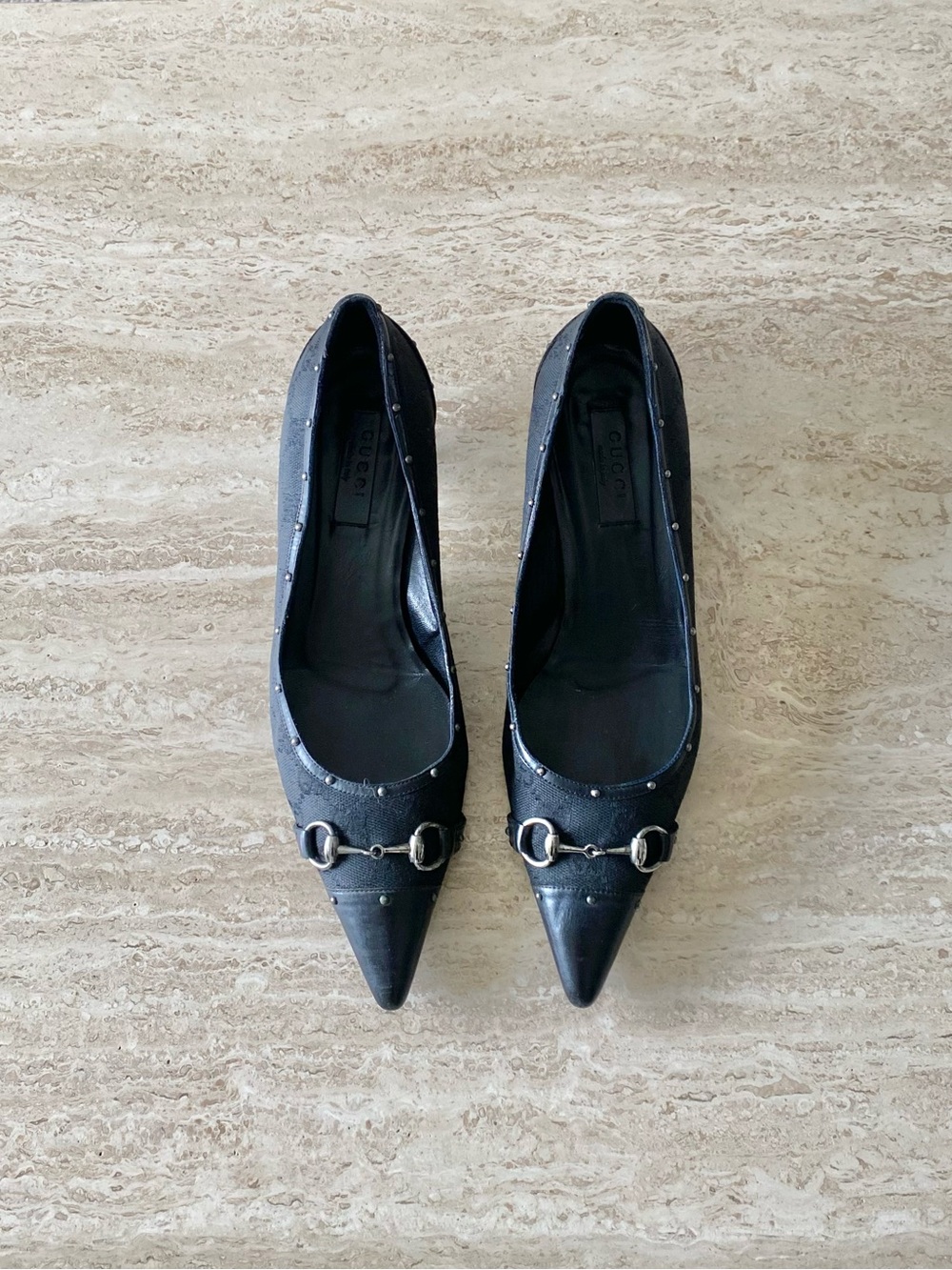 Vintage Gucci GG Canvas Stud Horsebit Kitten Heel Pumps